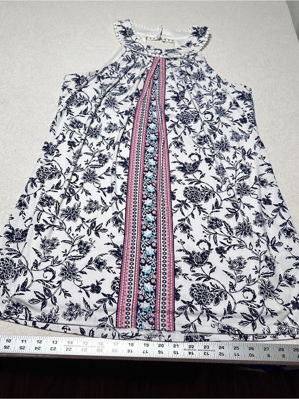 Three Pink Hearts White Floral Halter with Red & Navy Center Panel
